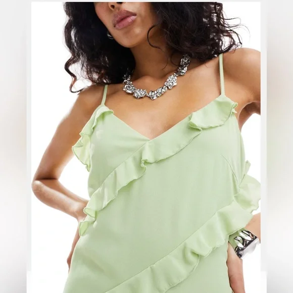 Light Green Ruffle Maxi Dress Asymmetric Cami Midaxi Pistachio Pretty Lavish - Picture 2 of 4